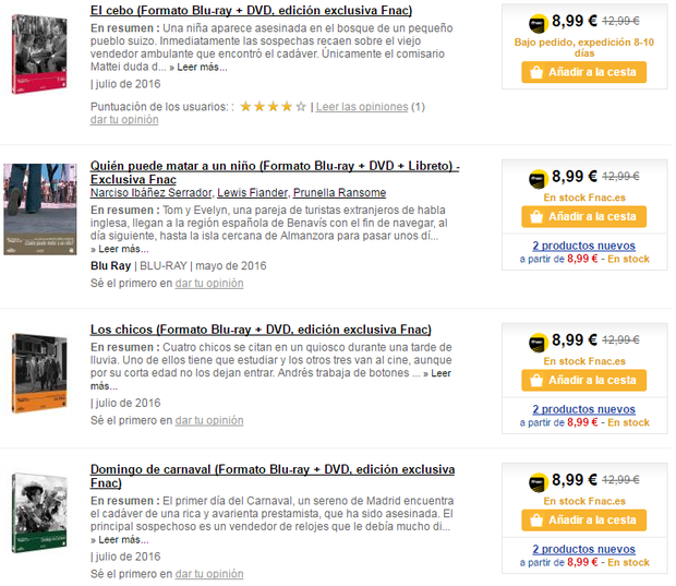 - Hoy y mañana la "filmoteca fnacional" por debajo de los 9€ cada título para socios de Fnac -