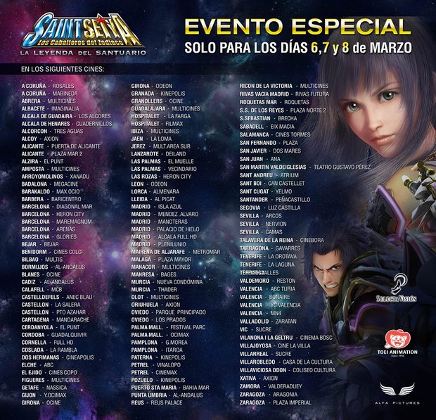 Lista de Cines para: Saint Seiya: La leyenda del Santuario (CGI)