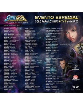 Lista de Cines para: Saint Seiya: La leyenda del Santuario (CGI)