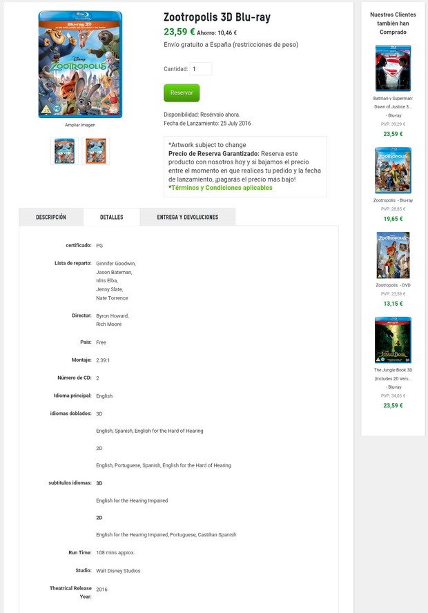 Segun los detalles Zootropolis de la edicion combo de Zavvi traen español