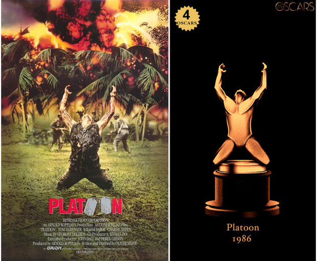 1986 Platoon, ganadora del Oscar a Mejor Película y diseño de la estatuilla por el dibujante Olly Moss