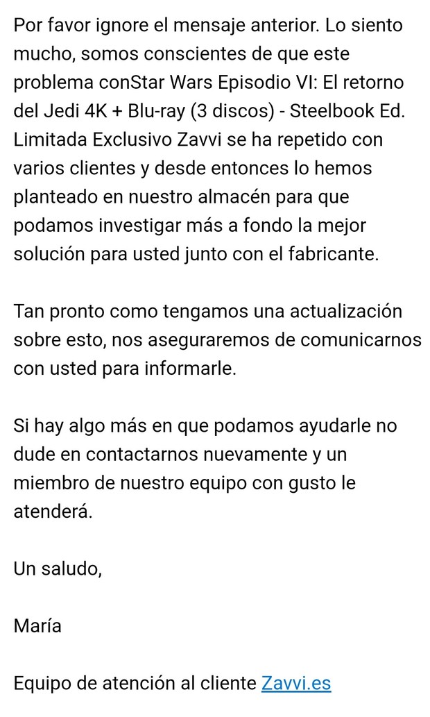 Contestación de Zavvi, Por los Arañazos del Retorno del Jedi.