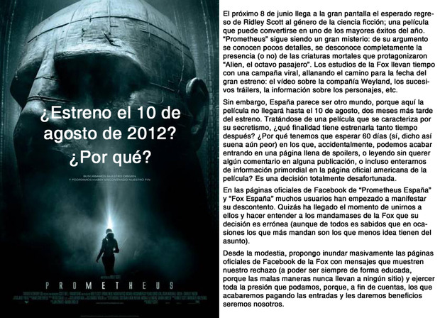 Queja por la fecha de estreno de "Prometheus"