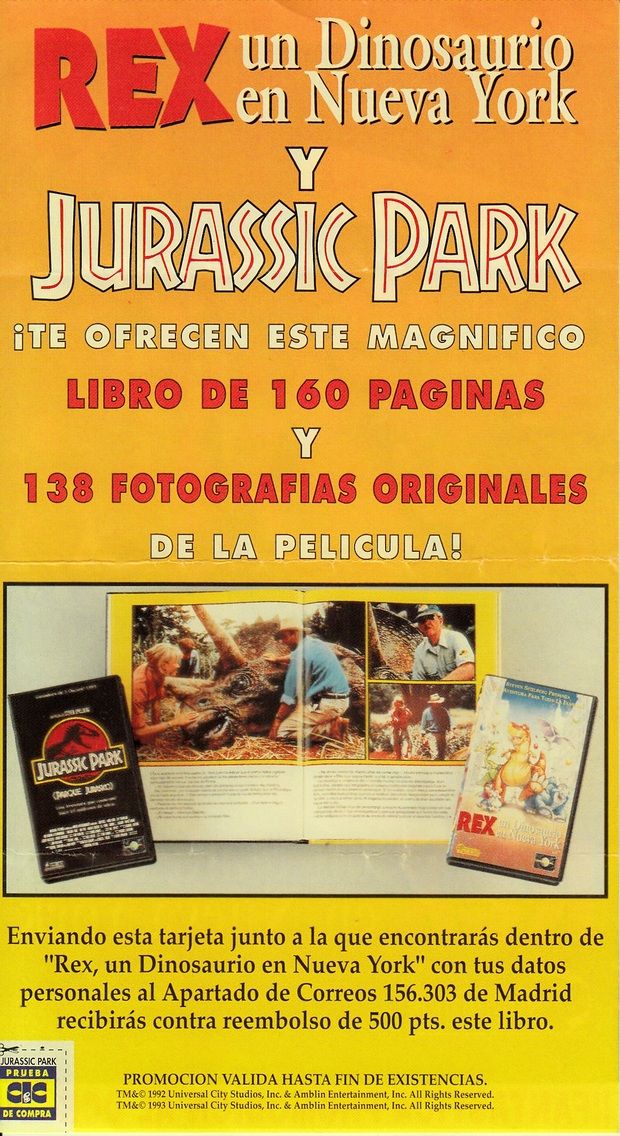 Jurassic Park: Folleto que incluia la edición VHS en su interior