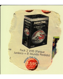 Jurassic Park: Anuncio del pack que sacaron a la venta en VHS cuando salio a la venta El Mundo Perdido