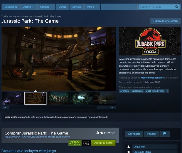 Jurassic Park The Game por solo 6.99 euros, a los fans de la peli os encantara