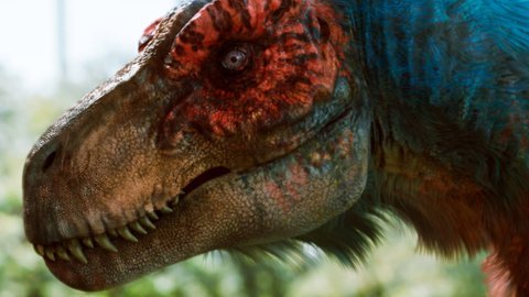Trailer de Dinosaur Island con un Rex con plumas