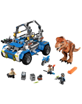 JUGUETES LEGO #JurassicWorld: El rex con el coche y la moto y un personaje 