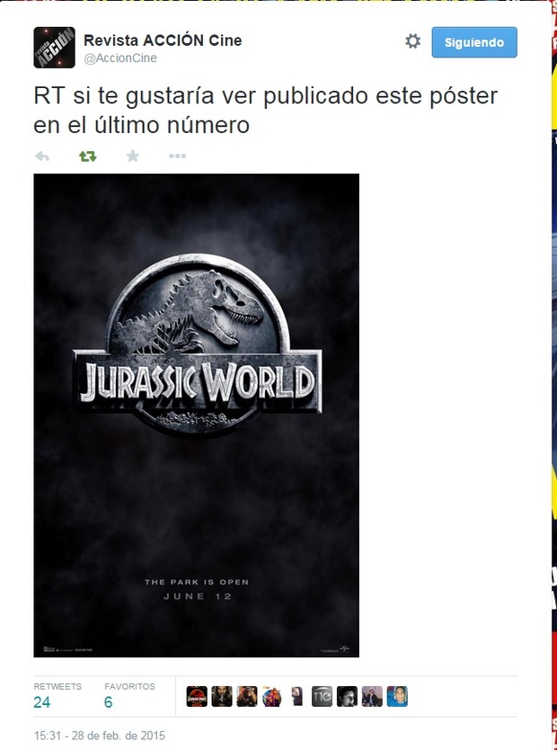 ACCION CINE se esta planteando publicar el poster de JURASSIC WORLD en el siguiente número, RT esto en Twitter por favor