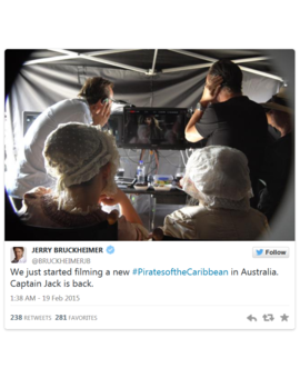 Jerry Bruckheimer nos manda la primera imagen del rodaje de Pirates of the Caribbean: Dead Men Tell No Tales