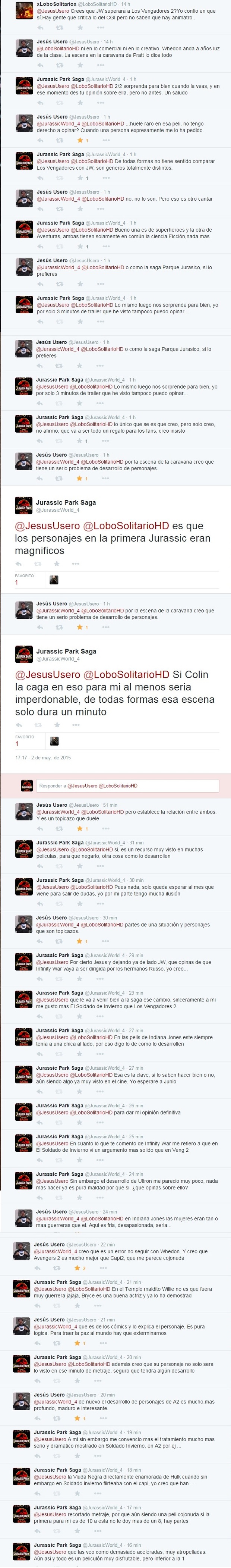 Conversación por Twitter sobre Jurassic World y Vengadores 2. Opiniones.