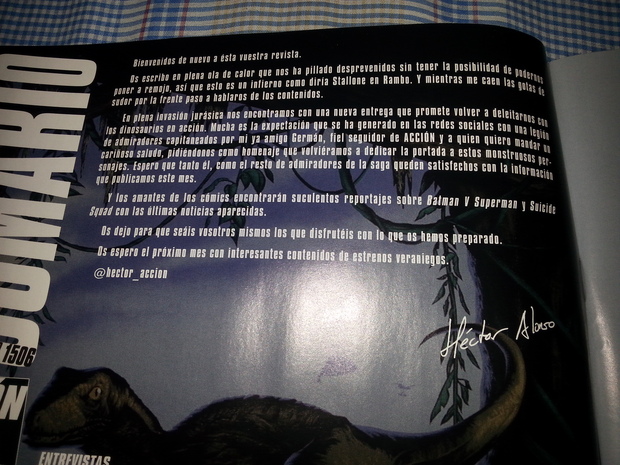 Dedicación que me ha echo Hector Alonso en la ACCION CINE de este mes por Jurassic World