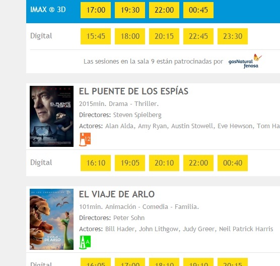 El Puente de los Espias dura 2015 minutos según la web de Cinesa