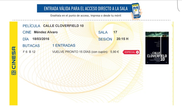 Calle Cloverfield 10: MI Critica y mi Entrada [NOTA: Un 10, absolutamente magistral y posiblemente la mejor pelicula en todo lo que va de este año] (SIN SPOILERS)