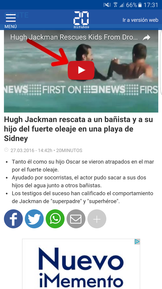Hugh Jackman rescata a un bañista y a su hijo del fuerte oleaje en una playa de Sidney