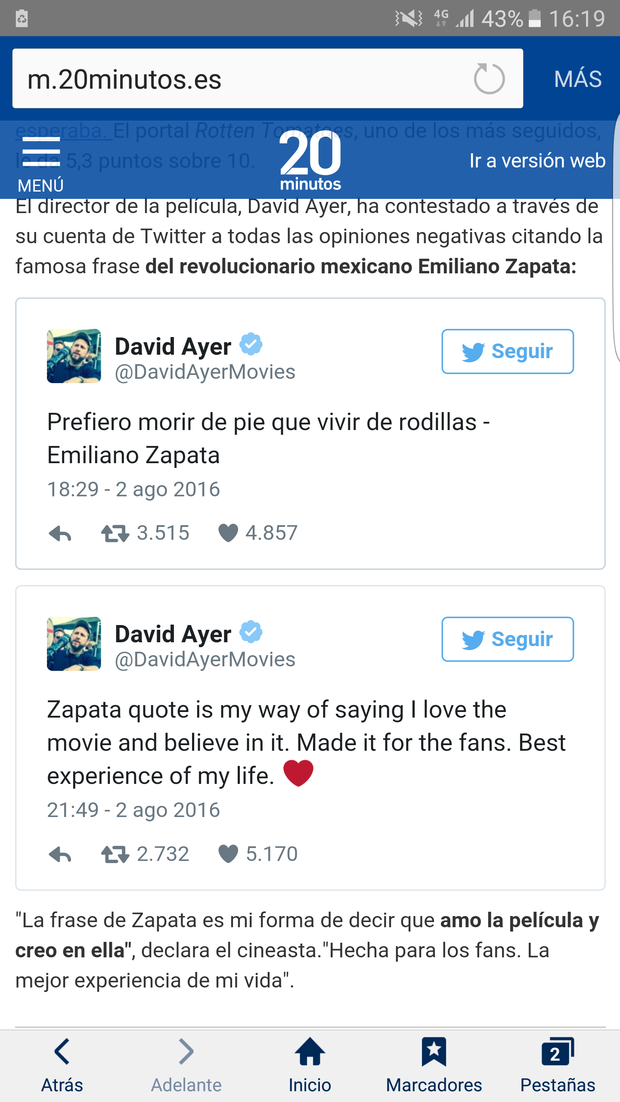 El director de 'Escuadrón Suicida' estalla en Twitter ante las malas críticas recibidas