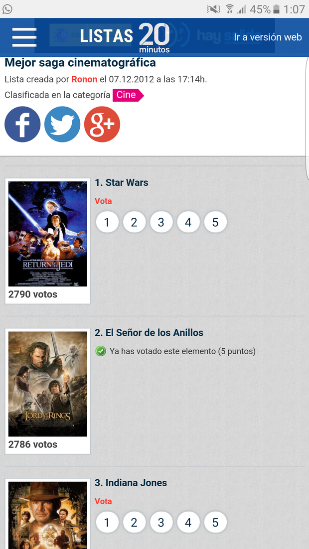 ¿Cual es la mejor saga cinematográfica?. Lista 20 minutos ¿Estáis de acuerdo?