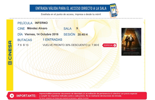 Inferno: MI Crítica y mi Entrada. Nota 3.5 sobre 10. Inferno... pero cinematografico