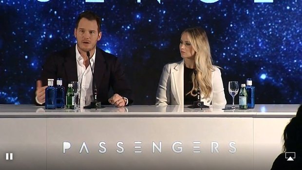 Jennifer Lawrence y Chris Pratt en la rueda de prensa de hoy en Madrid promocionando Passengers