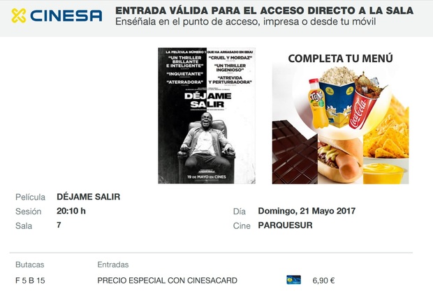 Déjame Salir: Mi Crítica y mi Entrada. [SIN SPOILERS]. Nota 8/10.  Inquietante y satisfactoria película