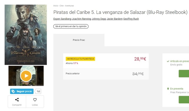 A 28.99 en Fnac. Piratas del Caribe La venganza de Salazar Steelbook