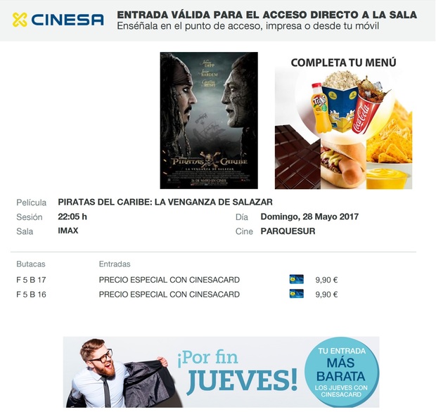 Piratas del Caribe La Venganza de Salazar: Mi Crítica y mi Entrada [SIN SPOILERS]. Nota 8.5/10. Una de las mejores y mas grandes entregas de la saga con autentico aroma a mar.