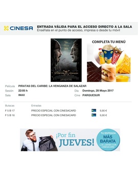 Piratas del Caribe La Venganza de Salazar: Mi Crítica y mi Entrada [SIN SPOILERS]. Nota 8.5/10. Una de las mejores y mas grandes entregas de la saga con autentico aroma a mar.