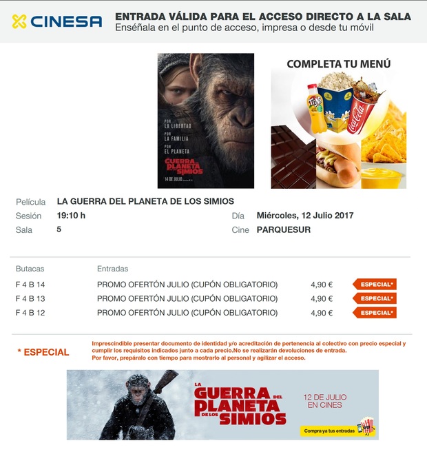 La Guerra del Planeta de los Simios. Mi Crítica y mi Entrada. [SIN SPOILERS]. Nota 10/10. ¡¡¡E P I C A!!!, emocionante y grandiosa. Arte. Perfecta.