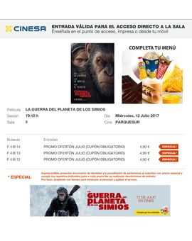 La Guerra del Planeta de los Simios. Mi Crítica y mi Entrada. [SIN SPOILERS]. Nota 10/10. ¡¡¡E P I C A!!!, emocionante y grandiosa. Arte. Perfecta.