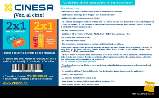 Cinesa. Promoción 2x1 para socios Fnac