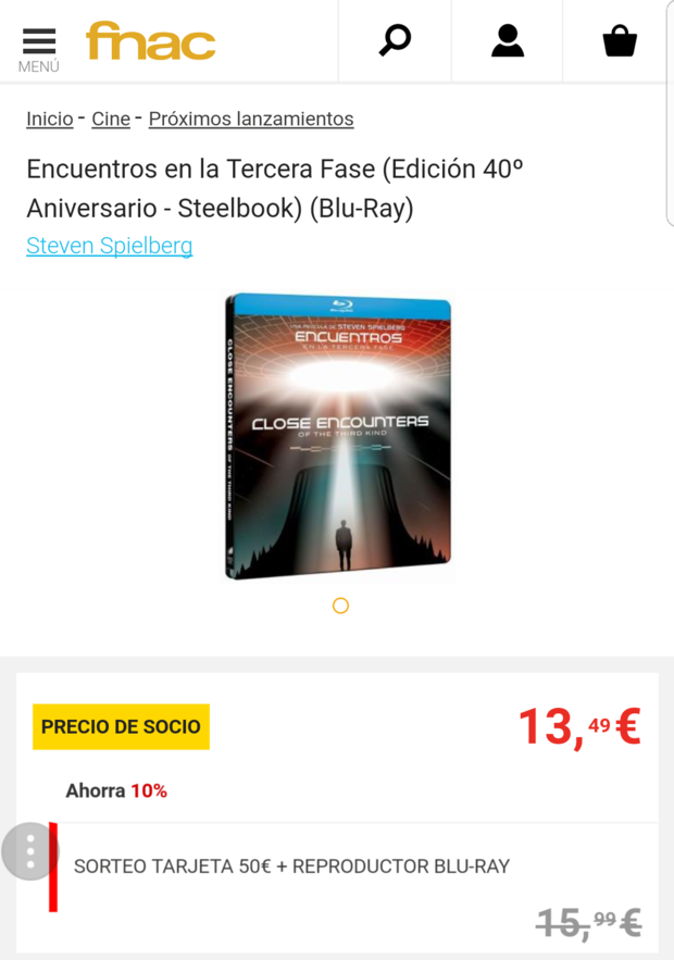 Encuentros en la Tercera Fase: A 13.49 euros siendo socio en Fnac y se entra en sorteo de tarjeta 50 euros + reproductor Blu Ray