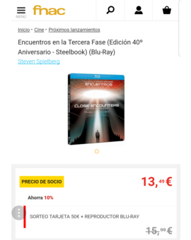 Encuentros en la Tercera Fase: A 13.49 euros siendo socio en Fnac y se entra en sorteo de tarjeta 50 euros + reproductor Blu Ray