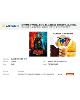 Blade Runner: Mi Crítica y mi Entrada. [Sin Spoilers]. Nota 10/10. Obra maestra cautivadora e hipnótica.