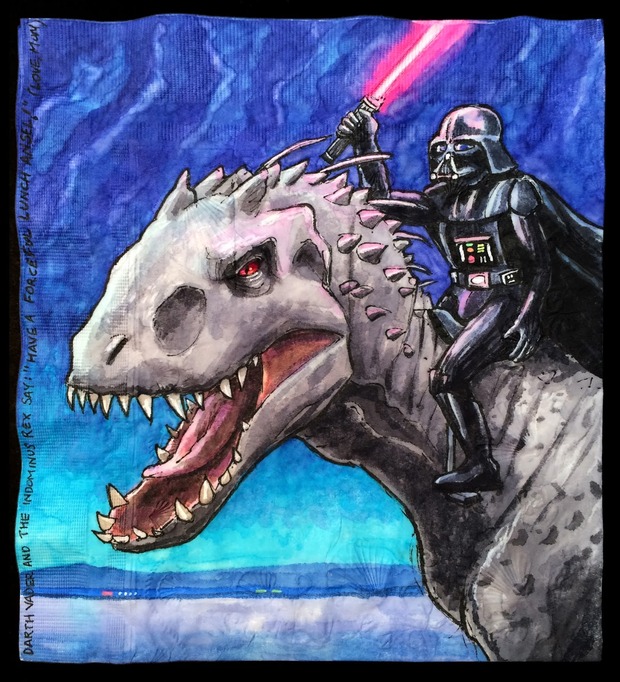 Personajes de Star Wars a lomos de dinosaurios de Jurassic World en las servilletas de Nina Levy