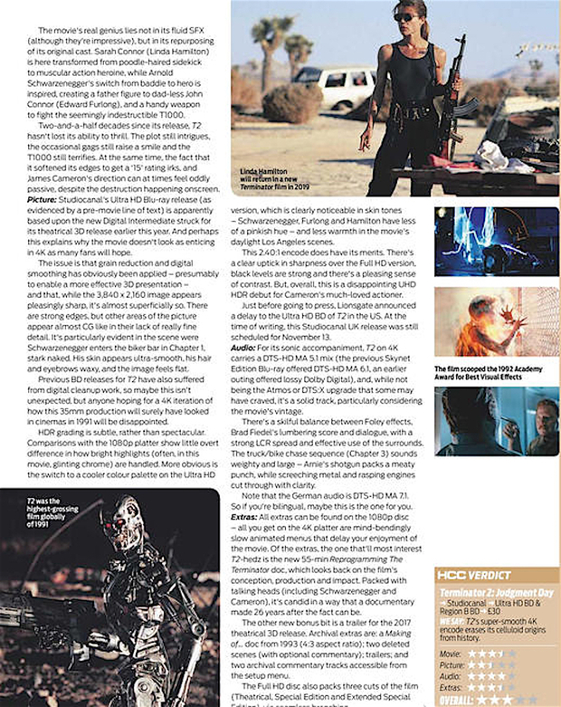 revista Home Cinema Choice: Analisis del nuevo Blu Ray de Terminator 2 (solo da dos estrella y media sobre cinco a la imagen)