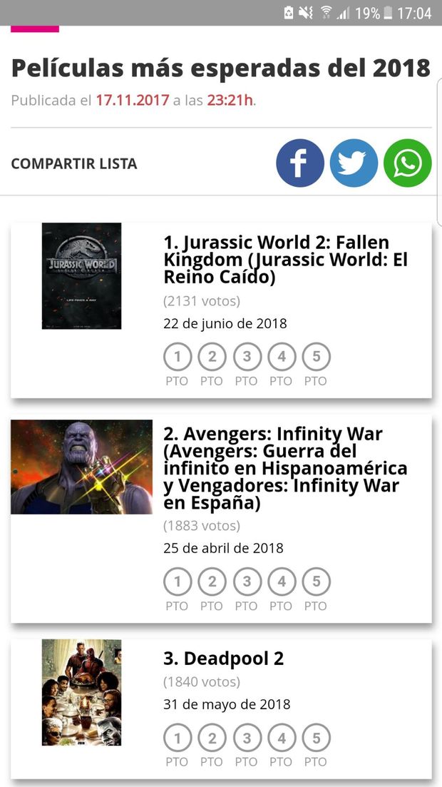 Ranking de Películas más esperadas del 2018 ¿Estáis de acuerdo con la lista?