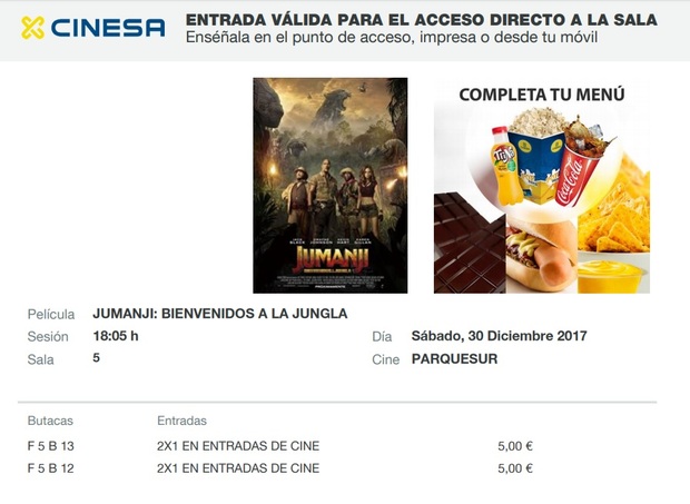 Jumanji Bienvenidos a la Jungla: Mi Crítica y mi Entrada. [Sin Spoilers]. Nota 8/10. Divertidisima de principio a fin y respetando a la original y resultando innovadora al mismo tiempo