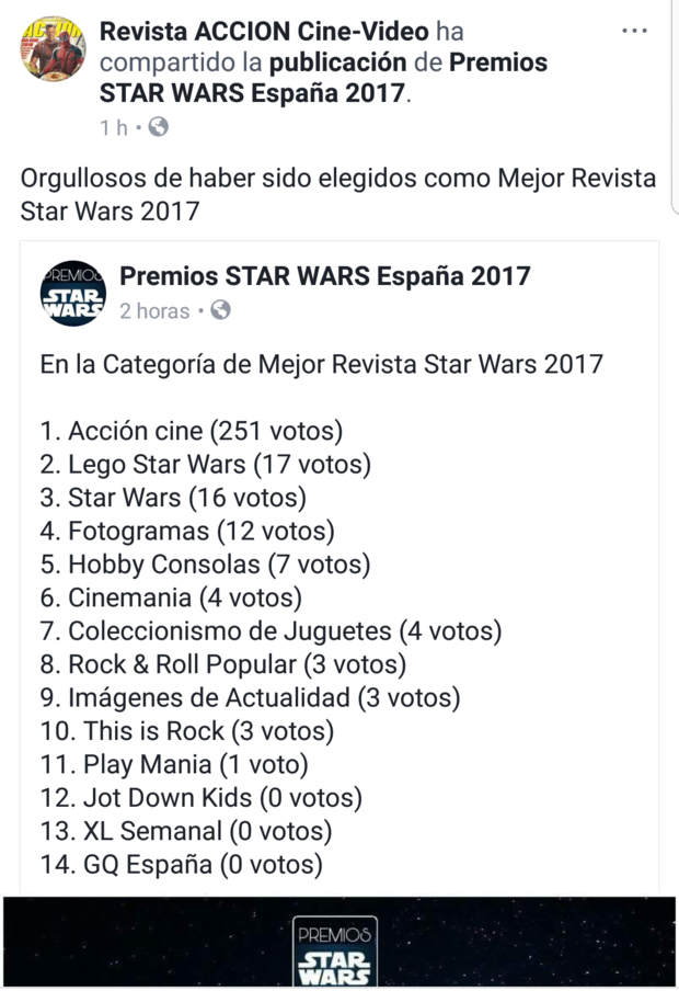 Acción Cine galardonada como mejor revista Star Wars 2017