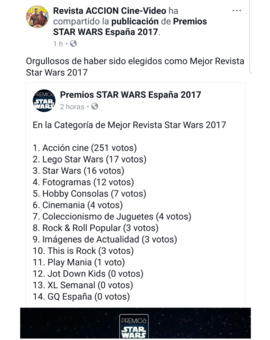 Acción Cine galardonada como mejor revista Star Wars 2017