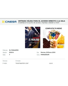 El Pasajero. Mi entrada. ¿Que nota le dais a esta película?