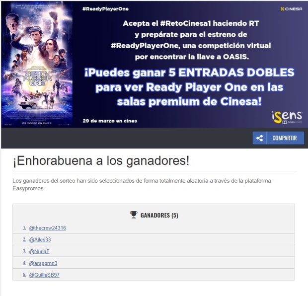 He sido uno de los ganadores del concurso de Cinesa. Entradas dobles para ver Ready Player One