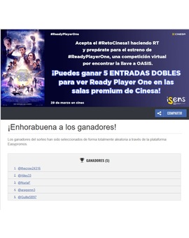He sido uno de los ganadores del concurso de Cinesa. Entradas dobles para ver Ready Player One