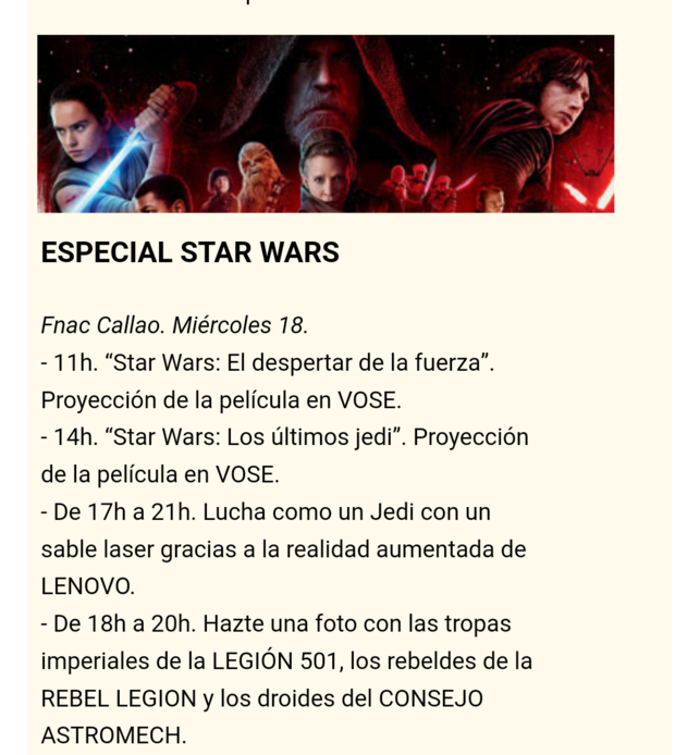 Especial Star Wars en Fnac Callao. Miércoles 18-04-2018