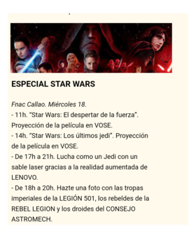 Especial Star Wars en Fnac Callao. Miércoles 18-04-2018