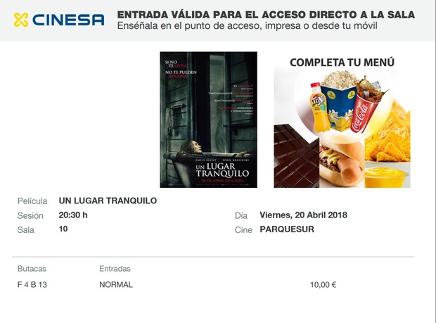 Un Lugar Tranquilo: Mi Crítica y mi Entrada. [Sin Spoilers]. Nota 9/10. Brillante ejercicio de suspense y terror