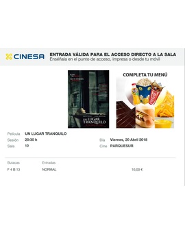 Un Lugar Tranquilo: Mi Crítica y mi Entrada. [Sin Spoilers]. Nota 9/10. Brillante ejercicio de suspense y terror