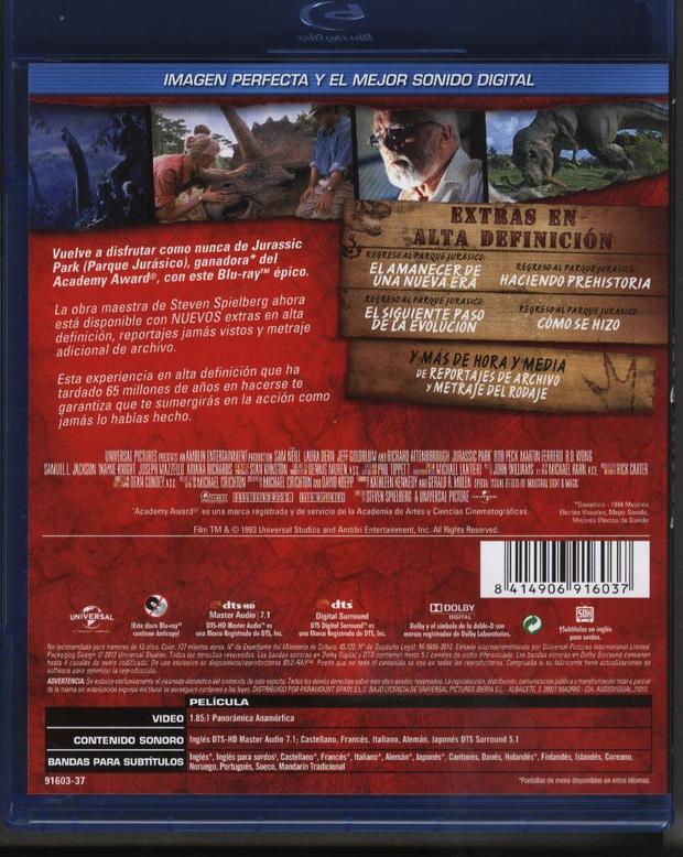 Jurassic Park Edición bluray individual (contraportada). Aumentando mi colección Jurasica