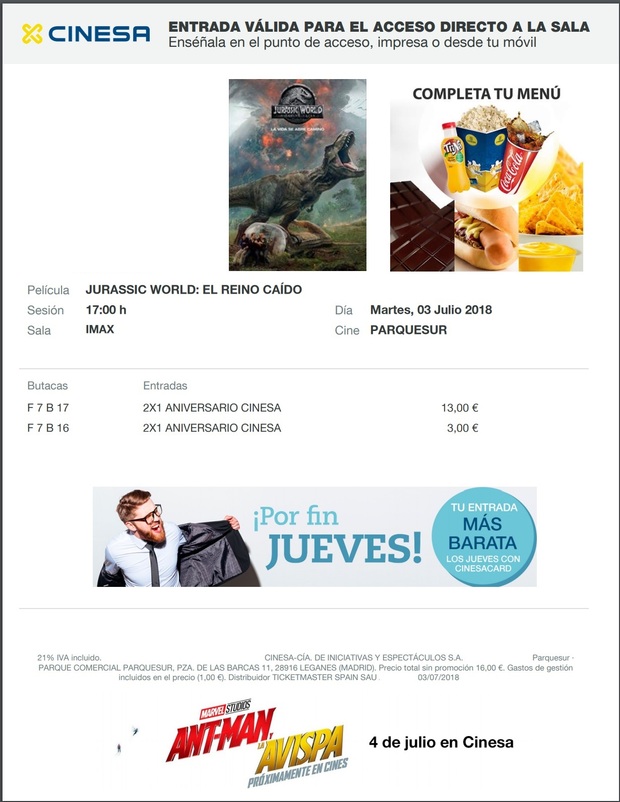 Mi entrada del Sexto visionado (Tercero en Imax 3D) en cines de Jurassic World El Reino Caido + "Jurassic World: El reino caído" se mantiene como número uno en EE.UU.  