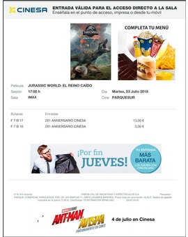 Mi entrada del Sexto visionado (Tercero en Imax 3D) en cines de Jurassic World El Reino Caido + "Jurassic World: El reino caído" se mantiene como número uno en EE.UU.  