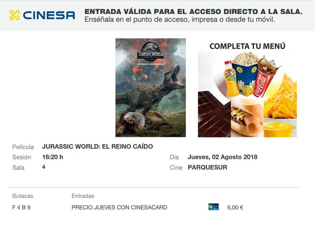 Jurassic World El Reino Caido: Mi Entrada del Decimotercero visionado en Cines + supera los 400 millones en USA + Ya es la 14 película mas taquillera de la historia + Tarde jurasica en Syfy